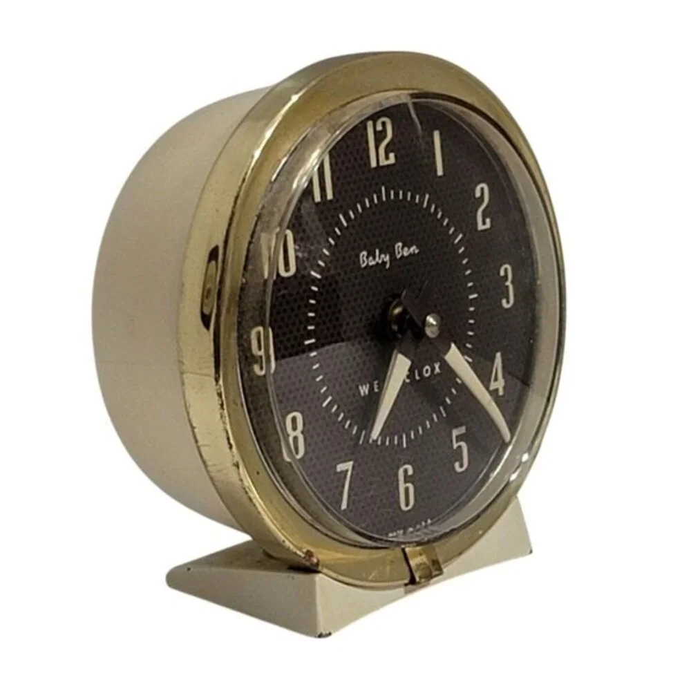 Vintage Westclox Baby Ben Alarm Clock Gold Trim Black Face